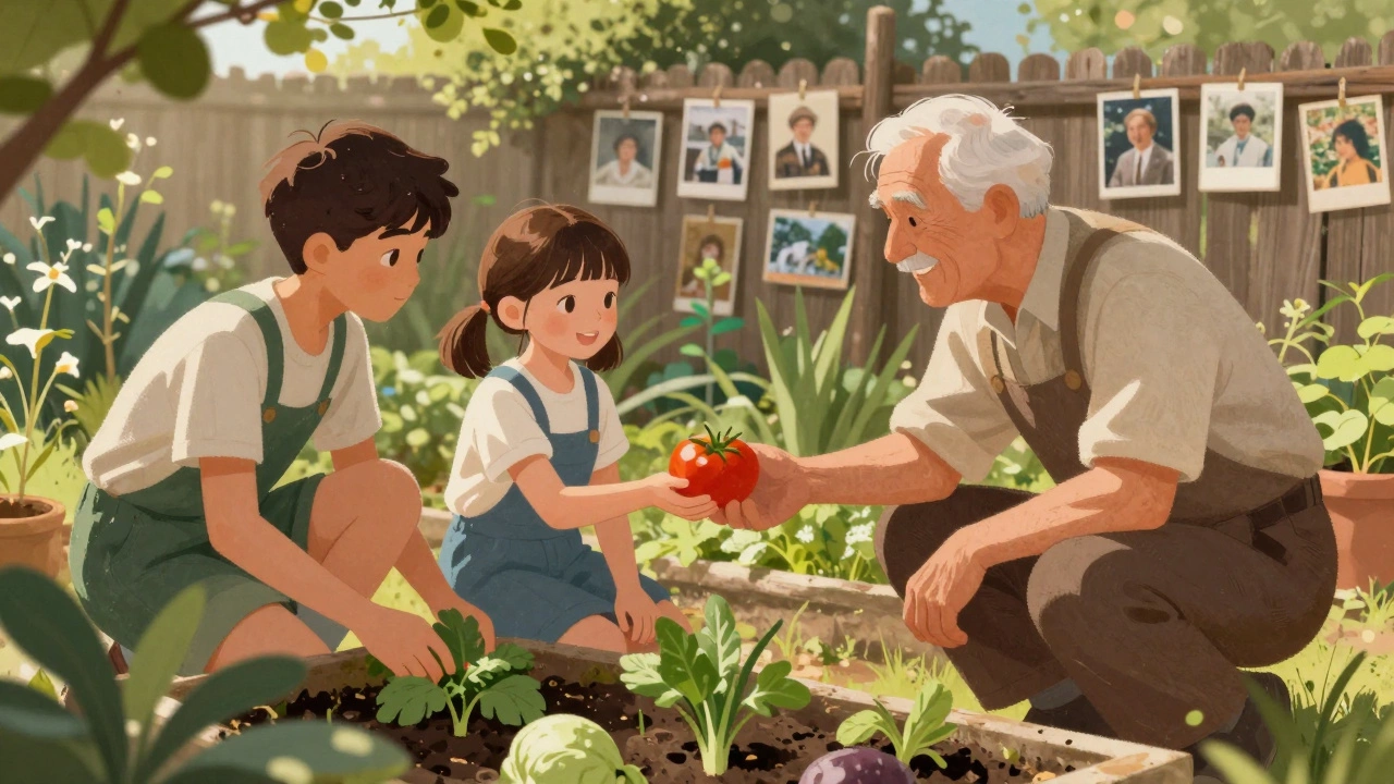 Teenagers and elders gardening together in a shared space, exchanging vegetables with smiles.