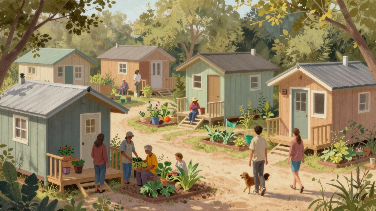 Tiny homes in a community garden village in Austin, with residents tending plants and a counselor nearby.