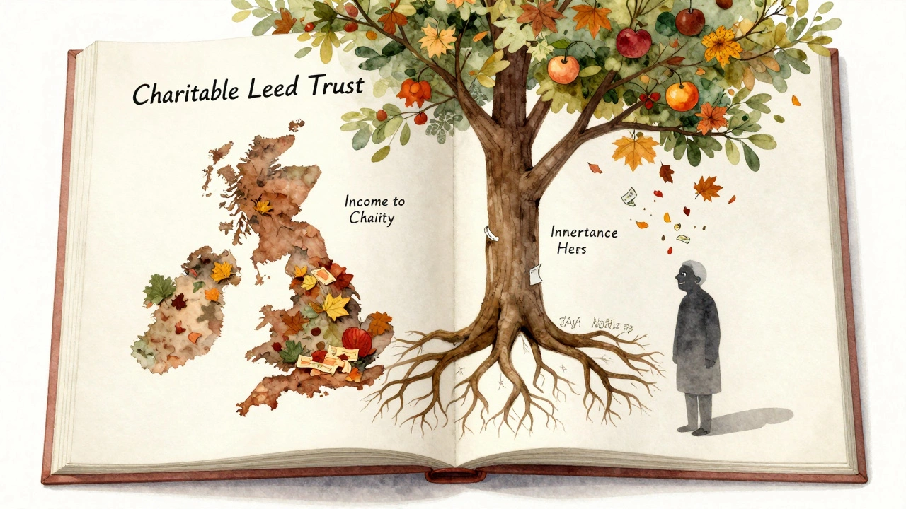 Tree growing from legal document with charity income and family inheritance as fruit, under an elderly person.