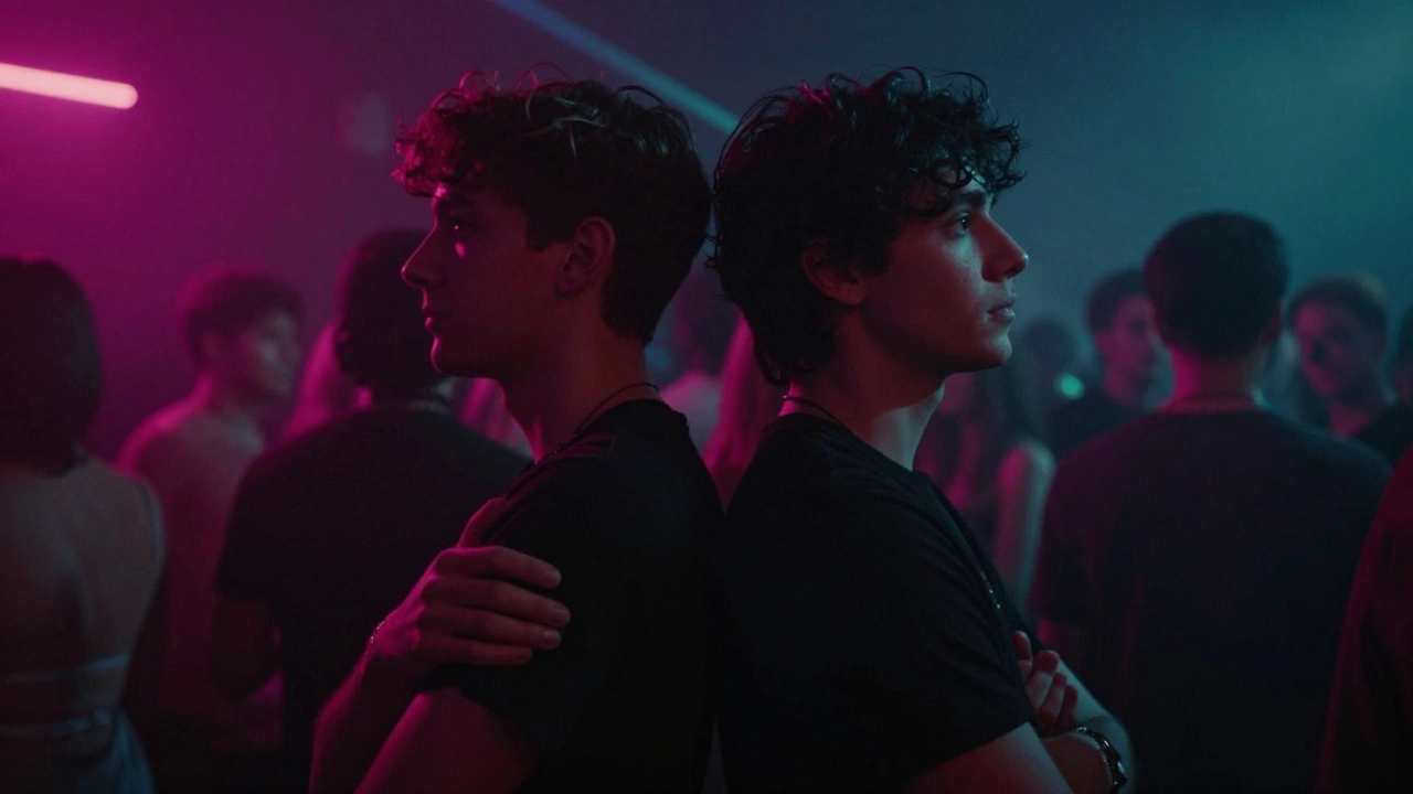 Two figures standing side by side in a crowded club, their postures mirroring each other in quiet connection.