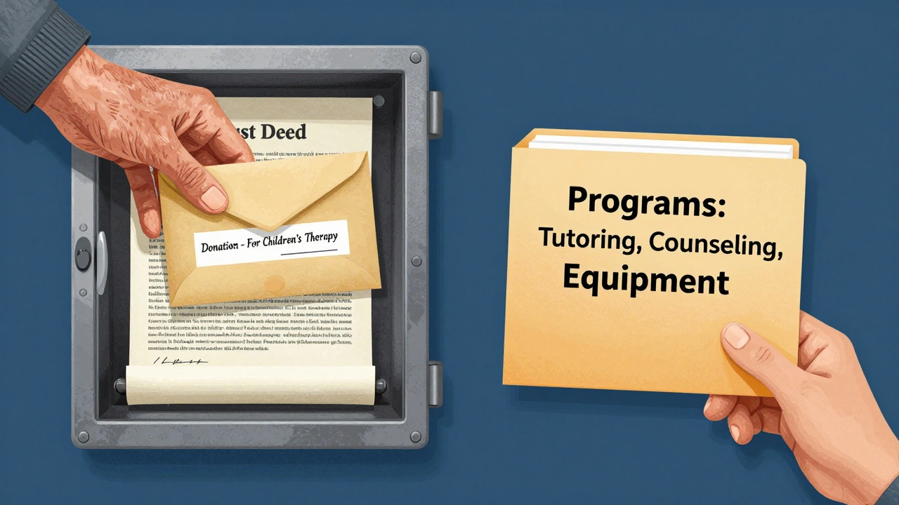 Two hands exchanging a donation envelope and program folder, guarded by a legal trust deed scroll.