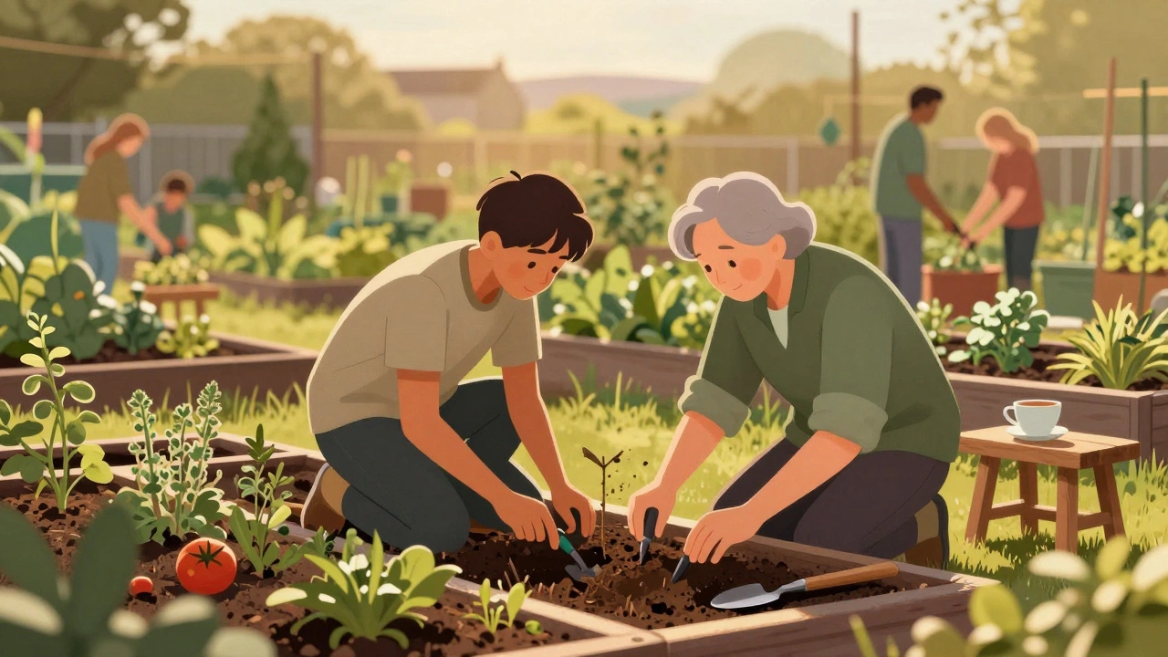 Two people gardening together in a sunny community garden, tools nearby and plants growing around them.