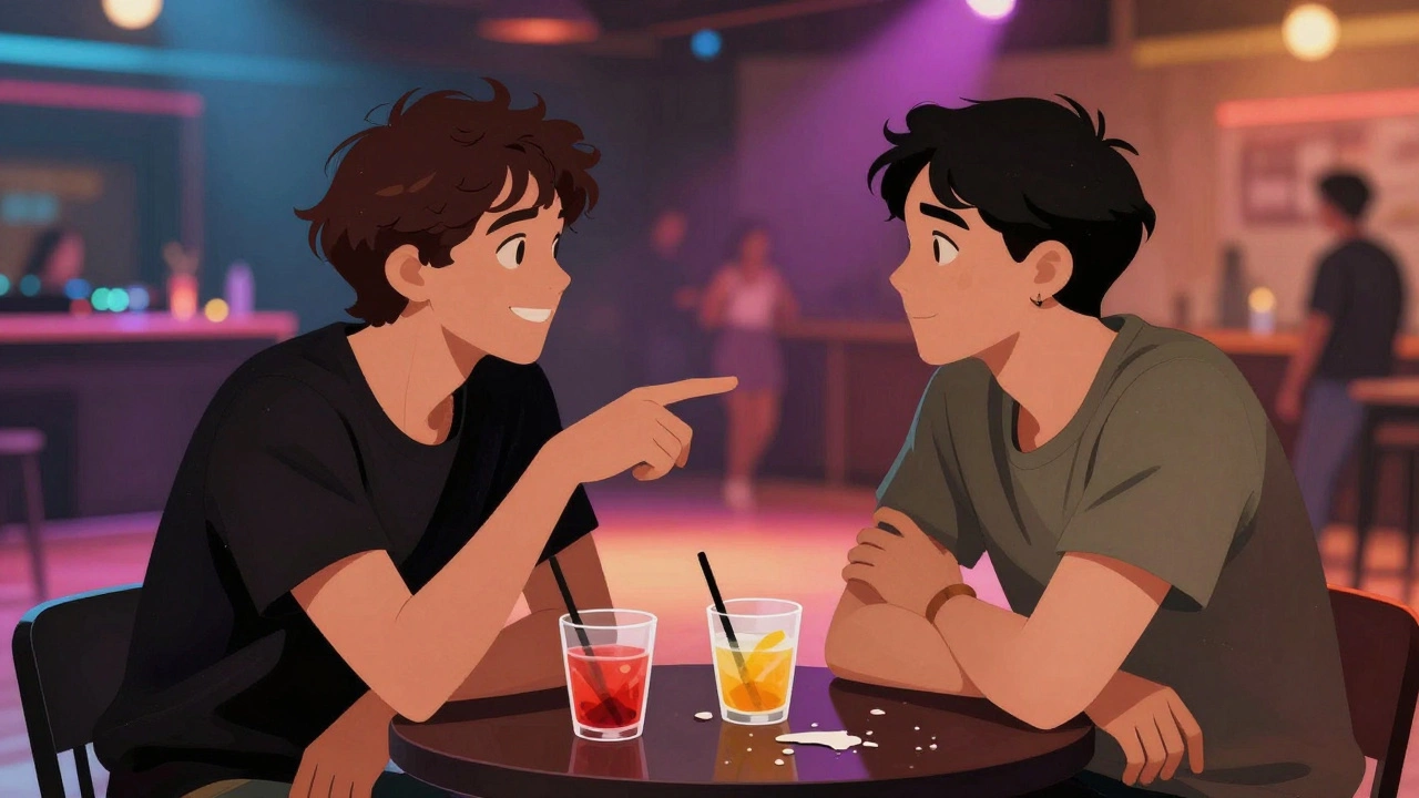 Two people talking near a dance floor, one gesturing toward the DJ booth under colorful lights.