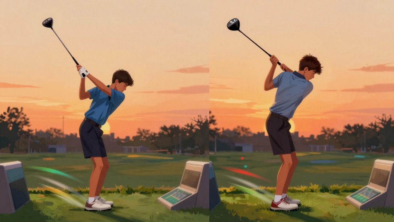 Two teens swinging drivers: one with perfect form using a junior club, another struggling with an adult-sized driver on a driving range.