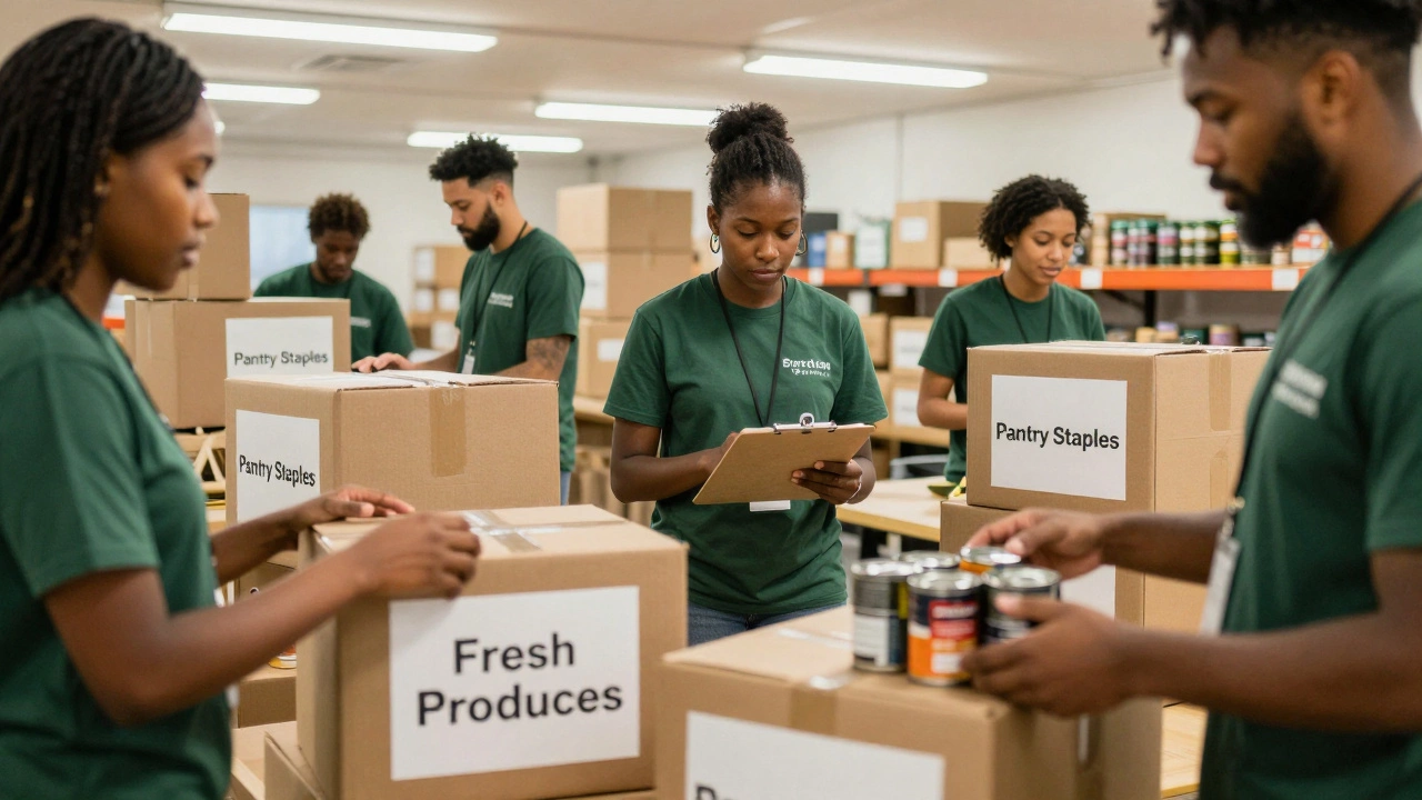 Volunteers sort food donations in a busy warehouse with labeled boxes and stacked supplies.