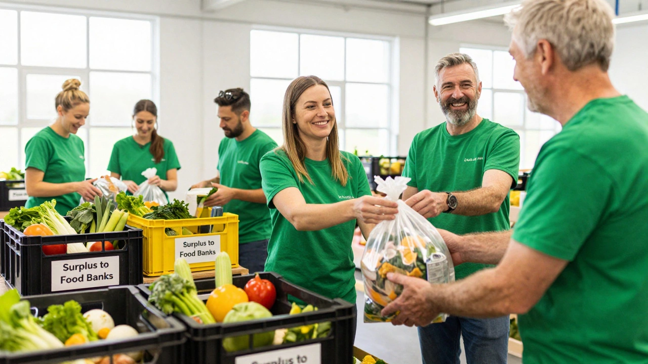 Volunteers sorting fresh food in a bright warehouse, handing bags to an elderly person, natural light streaming through windows.