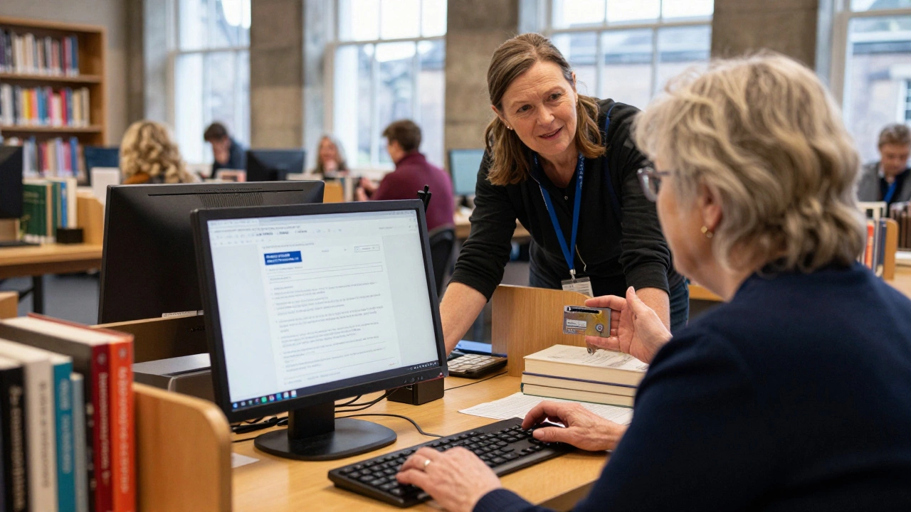 Woman applying for welfare fund at a public library with help