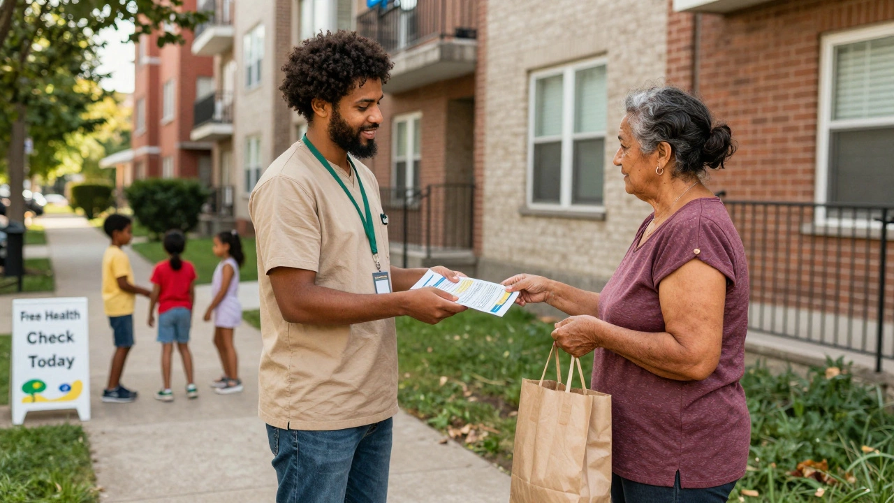 A bilingual health worker speaking with an elderly resident outside an apartment building.