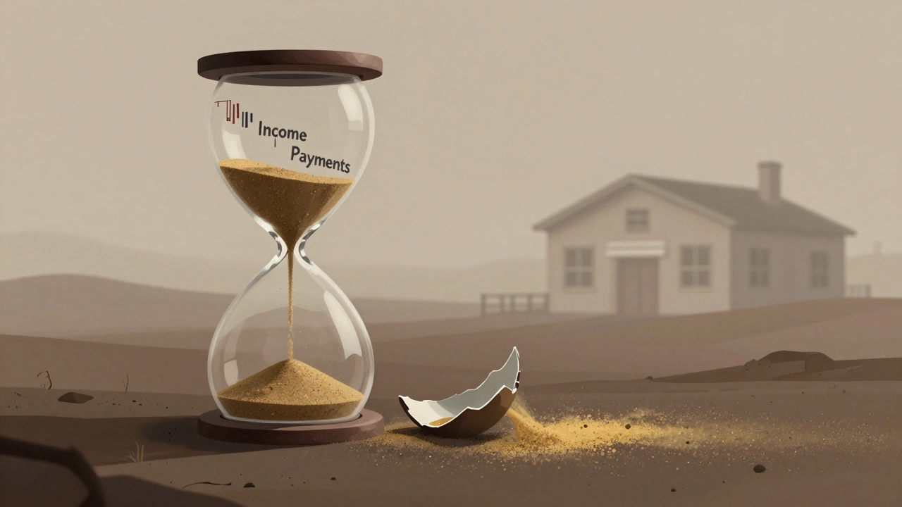 A broken hourglass with income sand draining away as a charity building fades into mist.