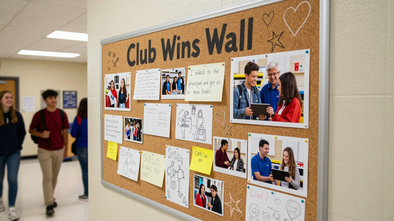 A colorful wall covered in student-written notes and photos celebrating small achievements in a school club.