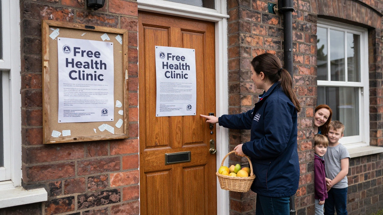 A community health worker offers fruit at a home door while a faded flyer blows nearby in Glasgow.
