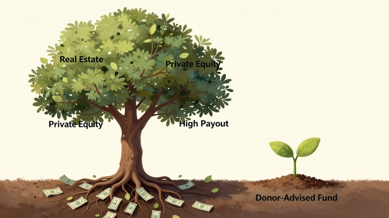 A dying financial tree with risky assets falling into a void, beside a healthy alternative sapling.