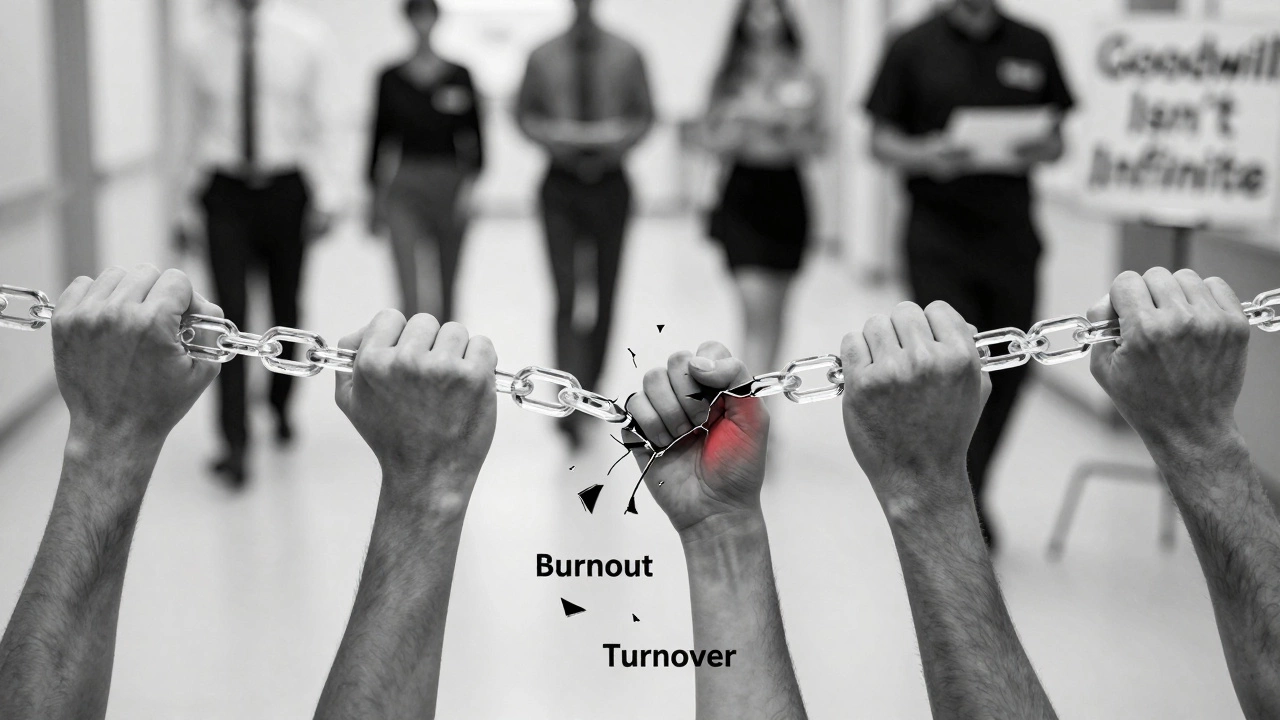 A fragile glass chain of hands, one cracking, with fragments falling into a void labeled 'Burnout'.