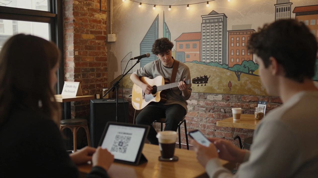 A guitarist performs at a café talent show while patrons donate using QR codes at their tables.