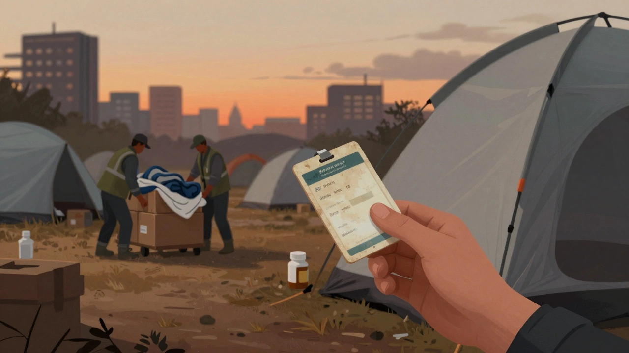 A hand holding an ID and medication as belongings are taken away from a cleared encampment at dawn.