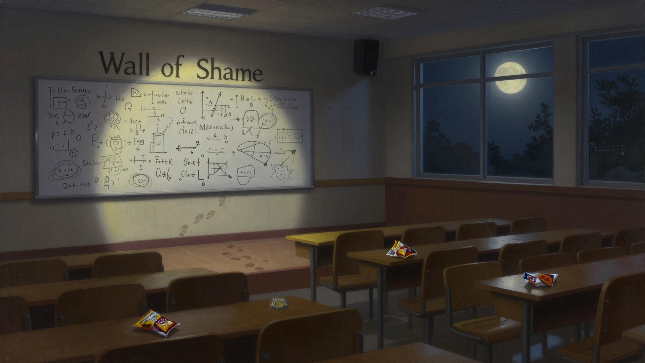 A lone spotlight shines on a wall covered in funny math doodles in an empty school auditorium at night.