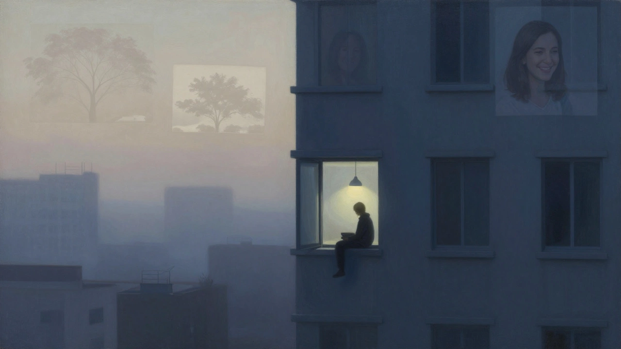A person sits near a window in a dark apartment, lit by a daylight lamp, while ghostly images of nature and community float above them.