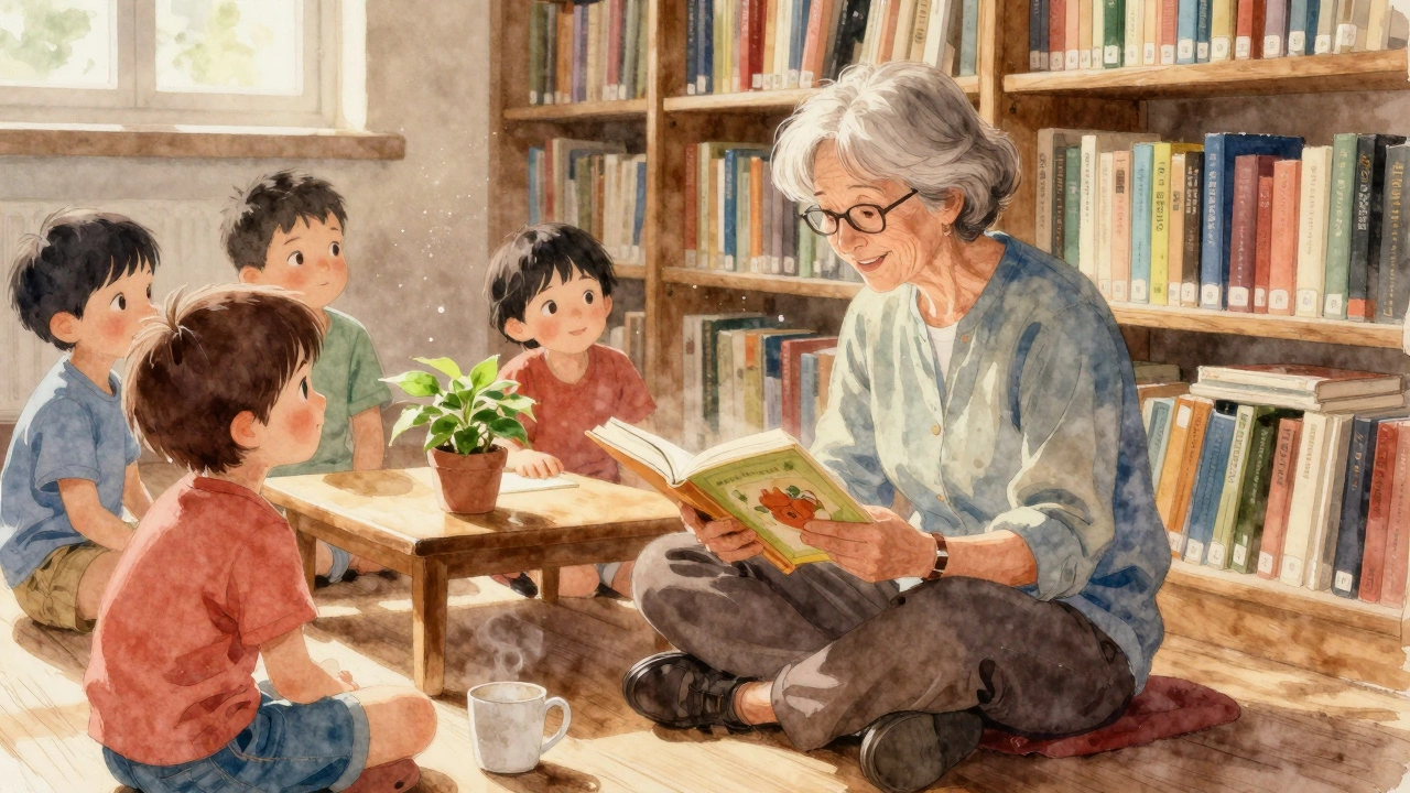 A retired teacher reading a book to children in a cozy library, sunlight filtering through windows.