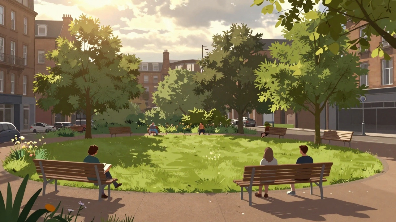 A small, lively urban park with trees, benches, and people relaxing in golden sunlight, surrounded by concrete buildings.