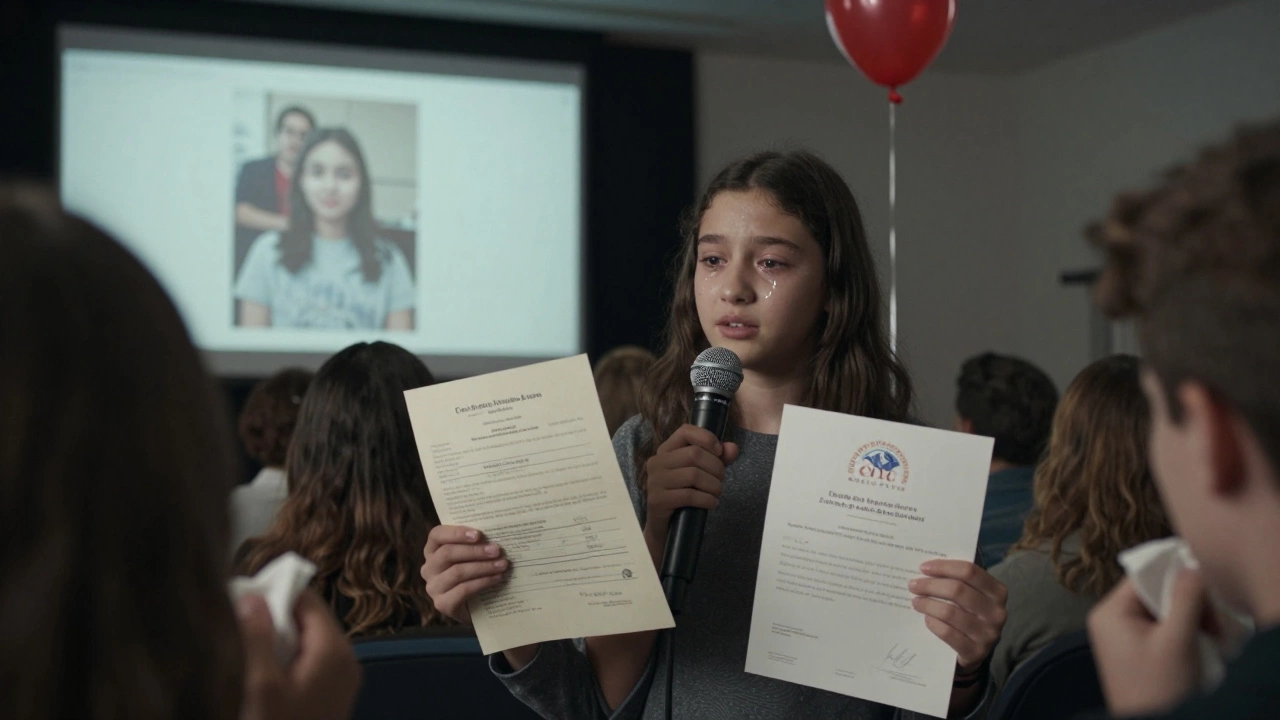 A teenager shares her story of overcoming academic struggles, holding her old report card and college letter.