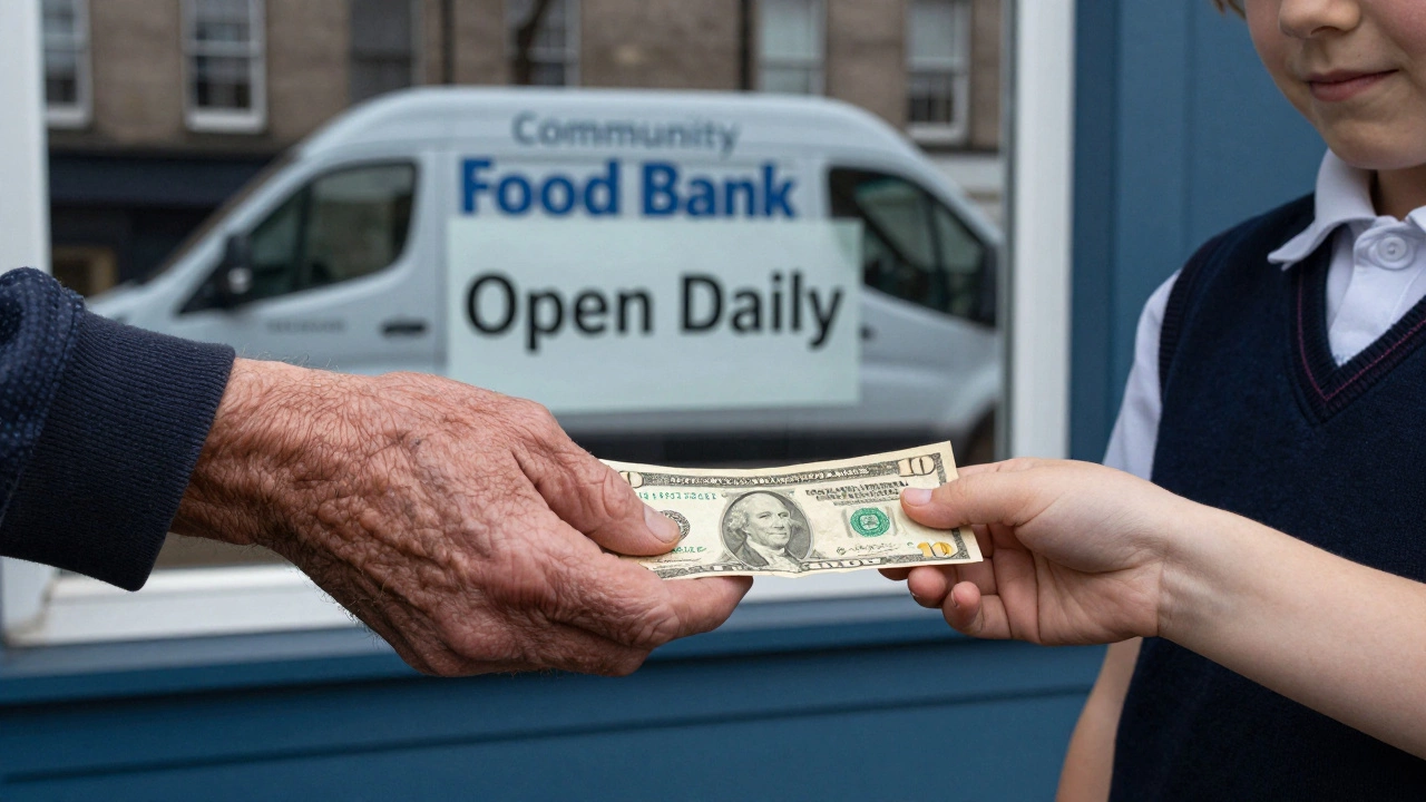 An adult and child exchanging a  bill at a food bank window.