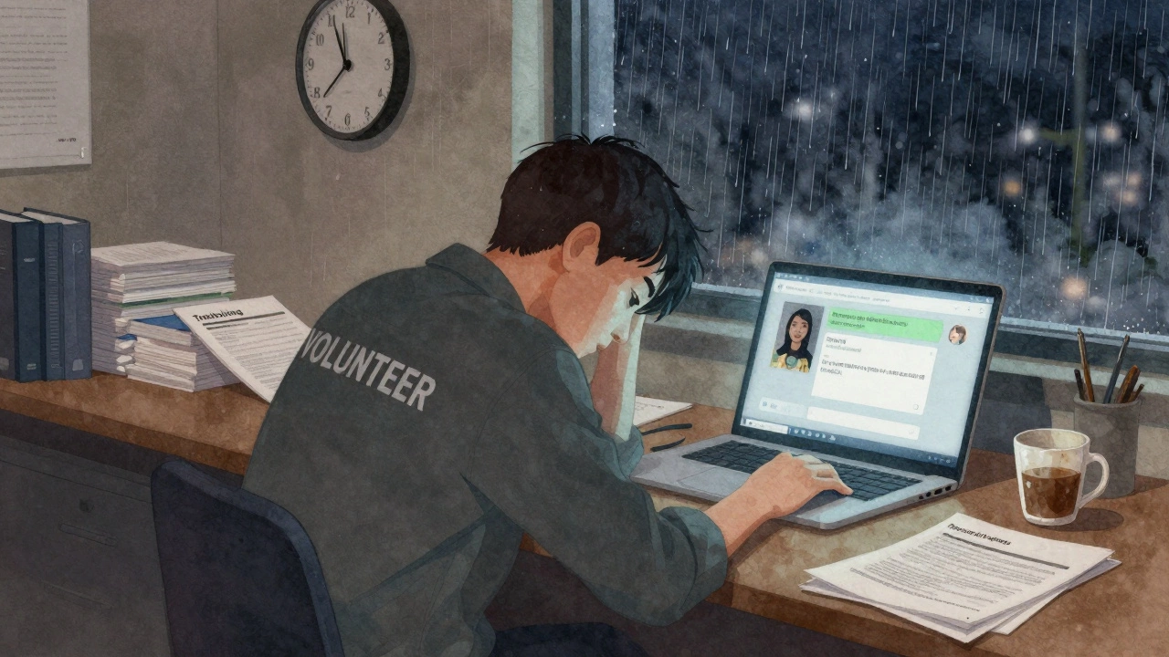 An exhausted volunteer alone in a quiet office at night, surrounded by unopened training materials.