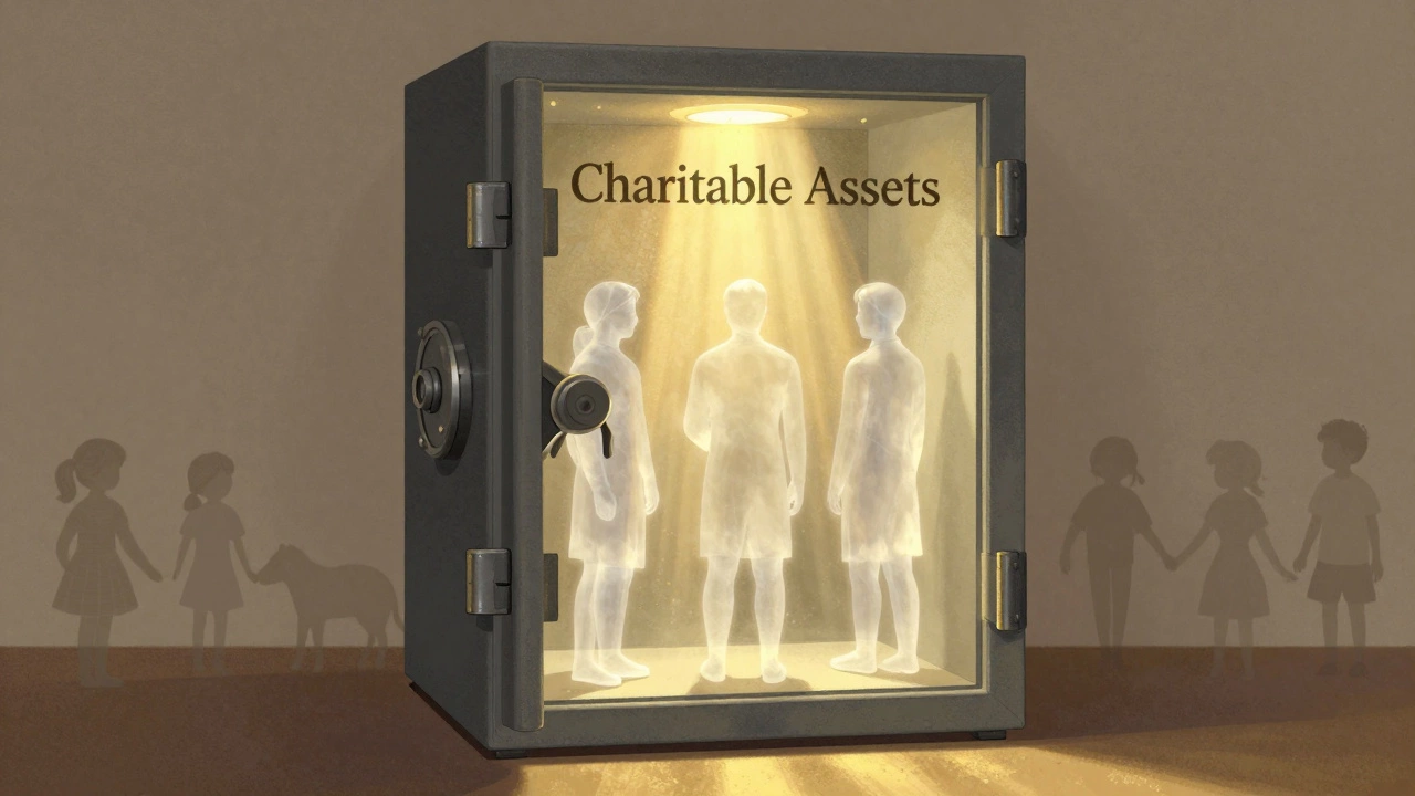An ornate safe glows with golden light, guarded by translucent trustee figures, symbolizing charitable assets.