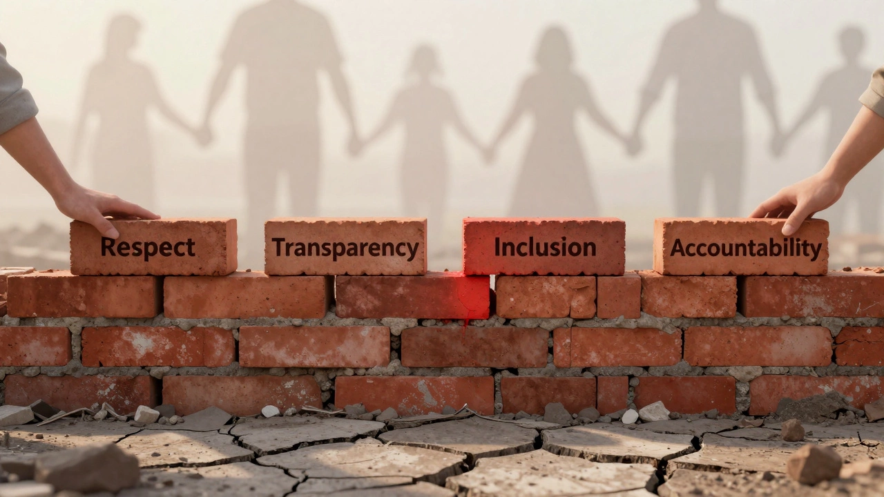 Bricks labeled with core values forming a foundation for community trust.