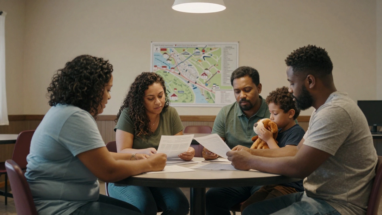 Case worker and family reviewing documents at a community center table.