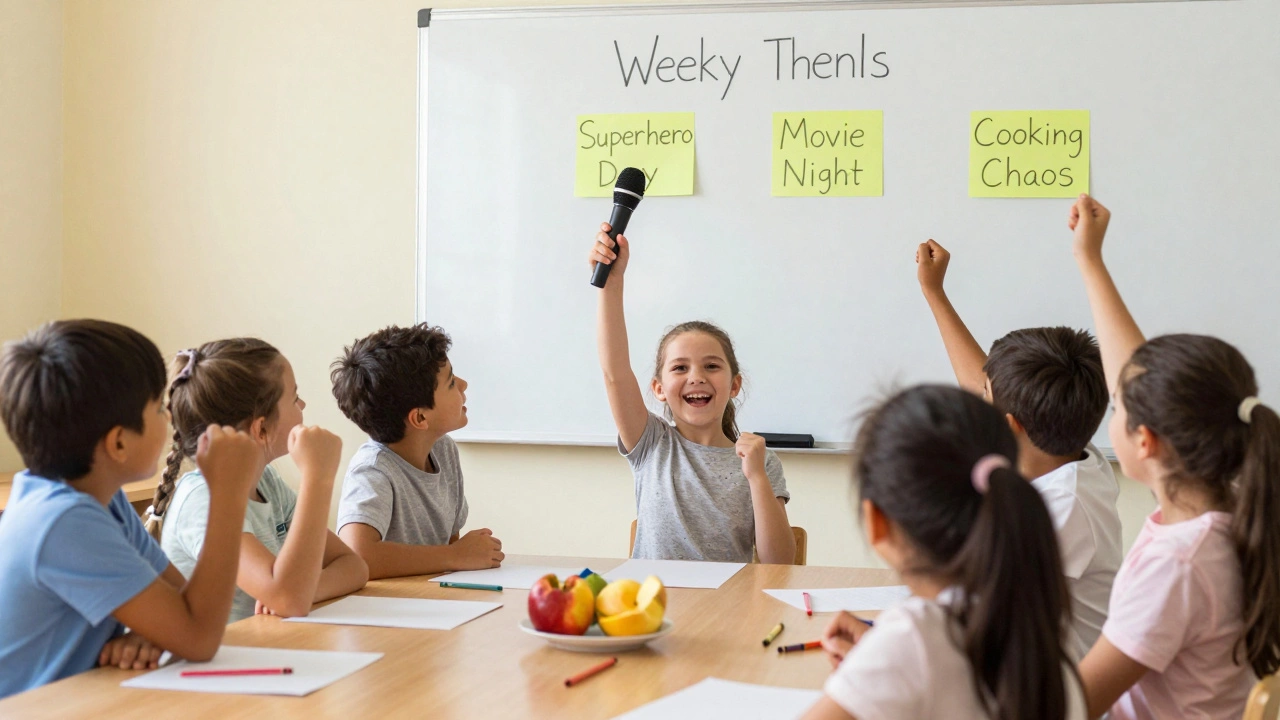 Children voting on weekly club activities with sticky notes on a whiteboard.