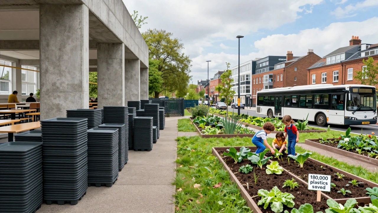 Cityscape transitioning from plastic waste to community gardens and electric buses, symbolizing environmental change.