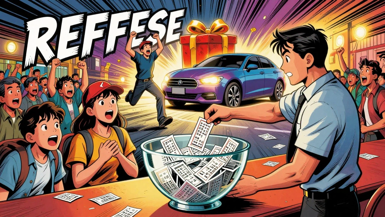 Crowd watching a reverse raffle as tickets are pulled, one person celebrating as the last survivor.