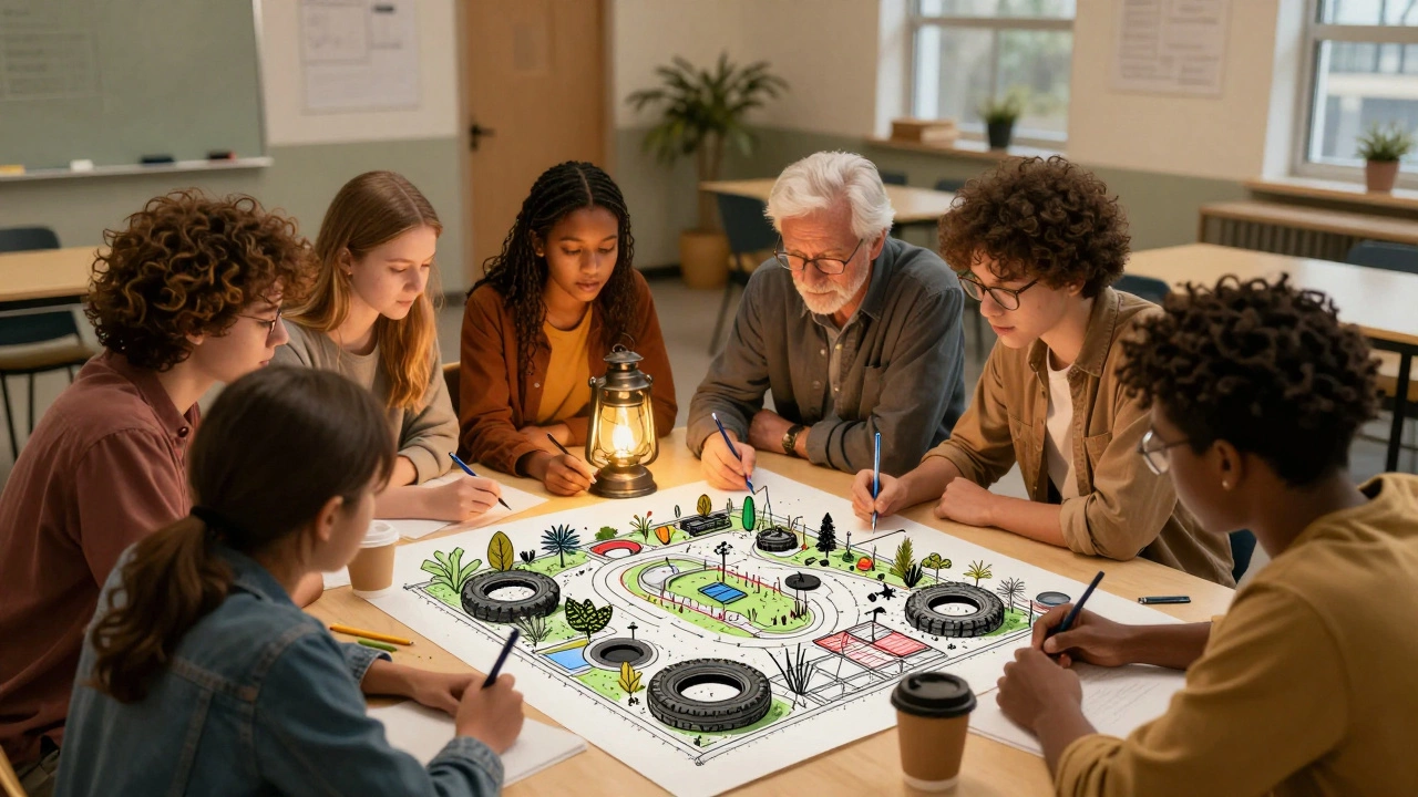 Diverse group collaboratively designing a community park plan with sketches and tools.