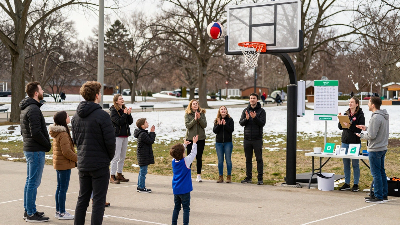 Family gathered at an outdoor basketball hoop in winter, child shooting while volunteers track scores and donations.