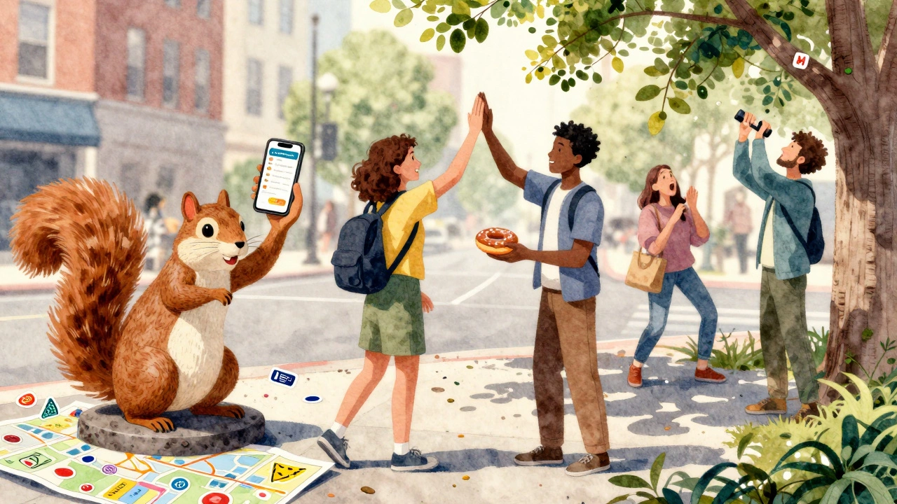 Friends completing a scavenger hunt task by giving a donut to a stranger in a city park.