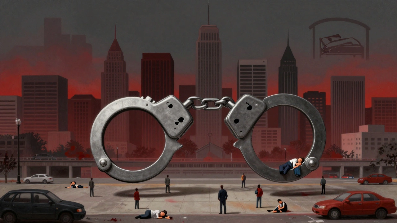 Giant handcuffs made of sleeping figures loom over a Texas city skyline, symbolizing criminalized homelessness.