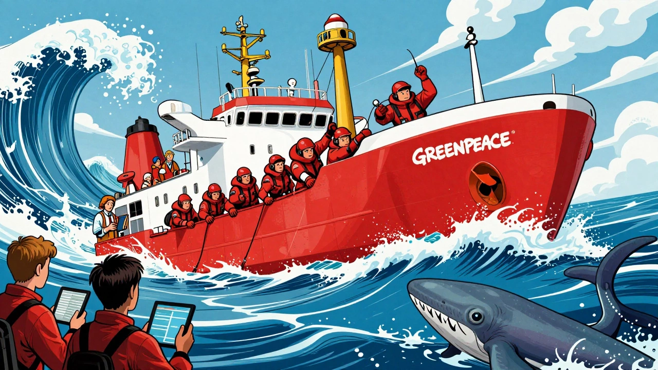 Greenpeace activists blocking a deep-sea mining ship in dramatic ocean waves.