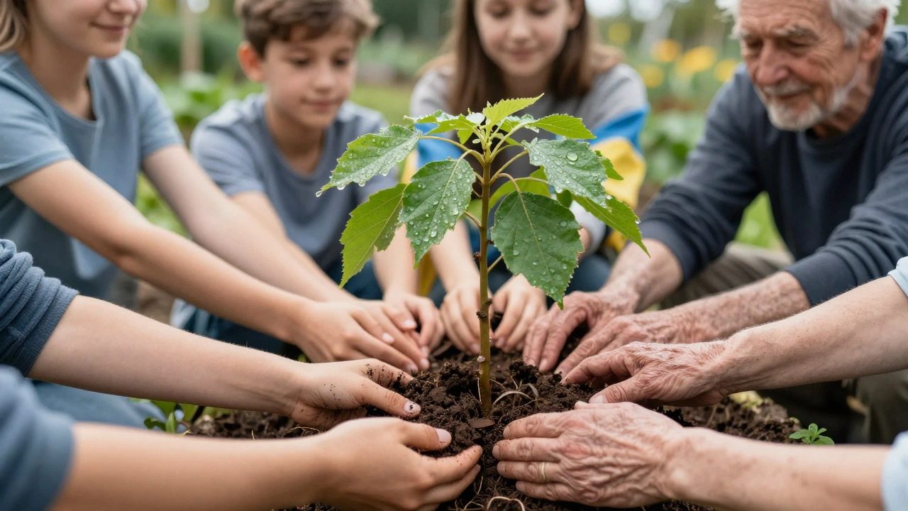Hands of different ages planting together in a garden, symbolizing community and resilience.
