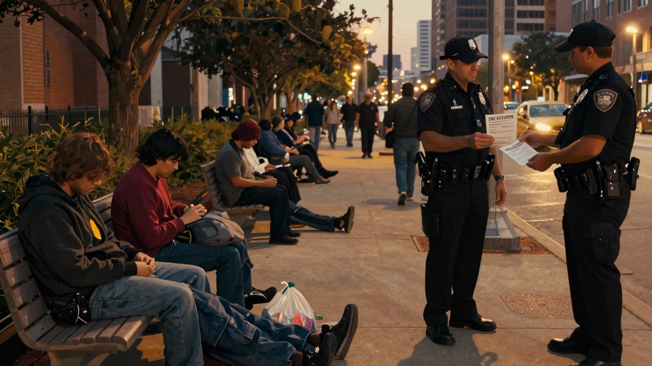 Homeless individuals on a Houston sidewalk receiving citations from police officers at dusk.