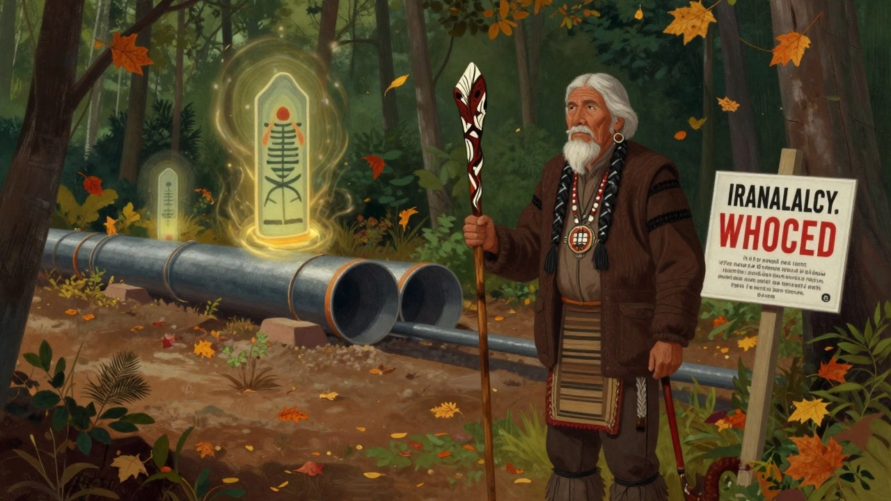 Indigenous elder standing at a forest boundary, halting pipeline construction with ancestral land markers.