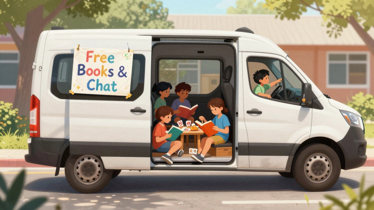 Kids reading and playing cards inside a donated van parked outside a school.