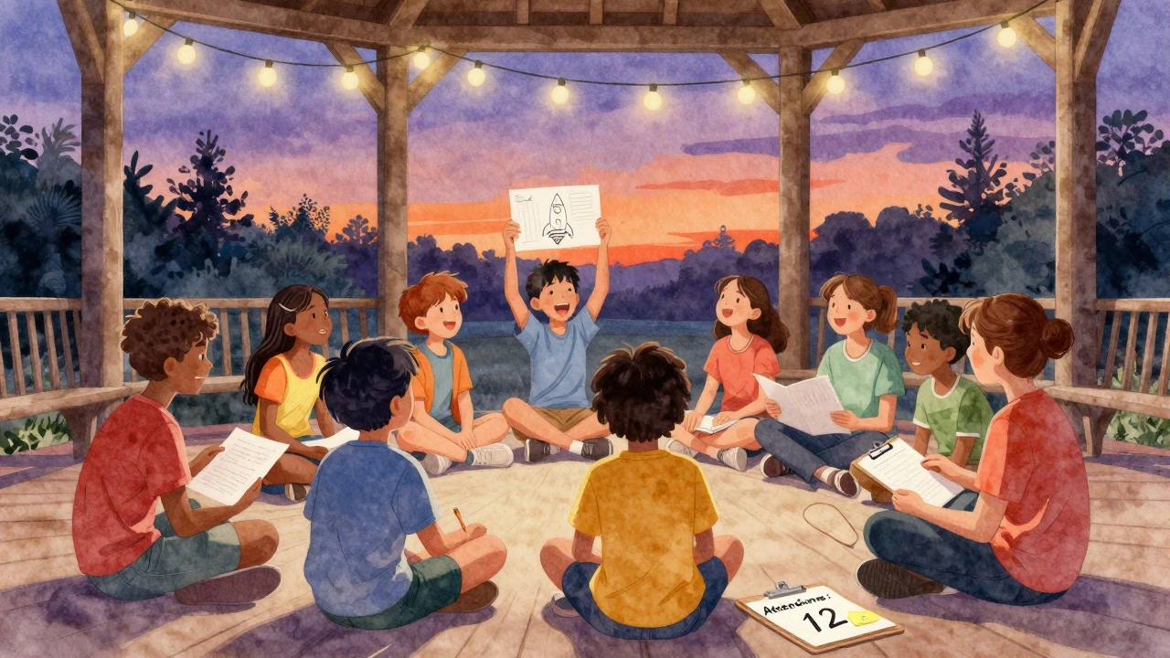 Kids sharing drawings and stories in a park pavilion at dusk under string lights.