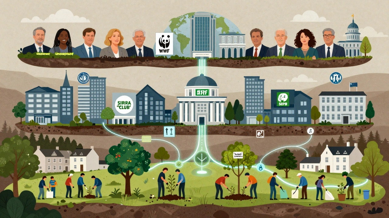 Layered illustration of global, national, and local environmental groups working together.