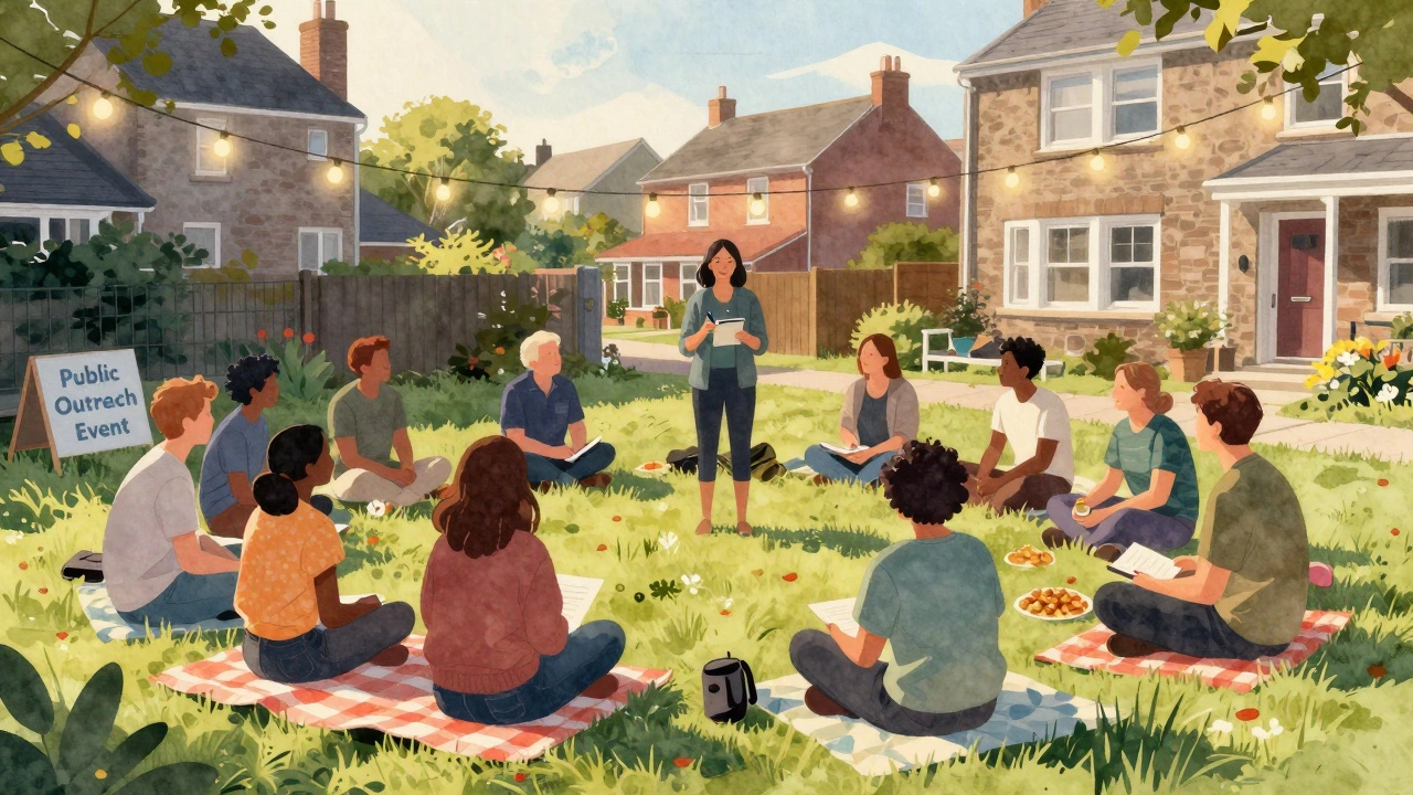 Locals sit together in a backyard gathering, sharing food and conversation under string lights in Aberdeen.