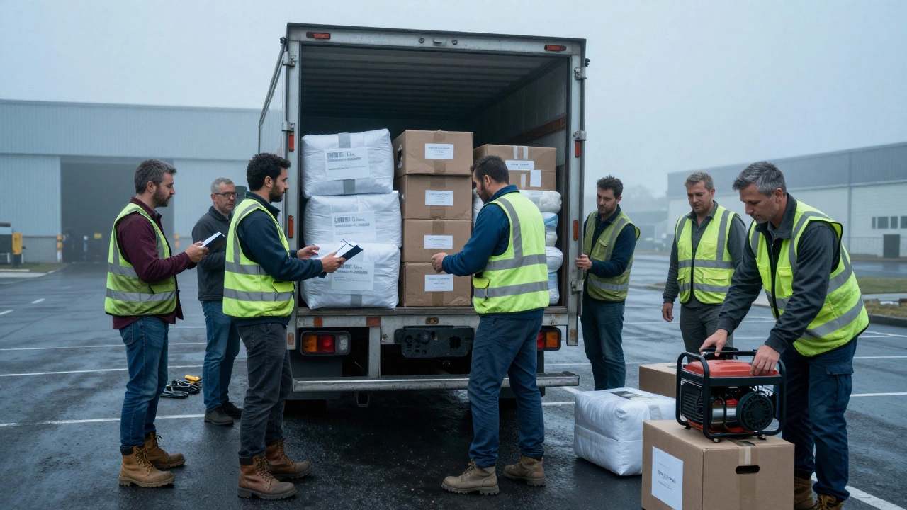 Men loading relief supplies onto a truck in early morning fog.