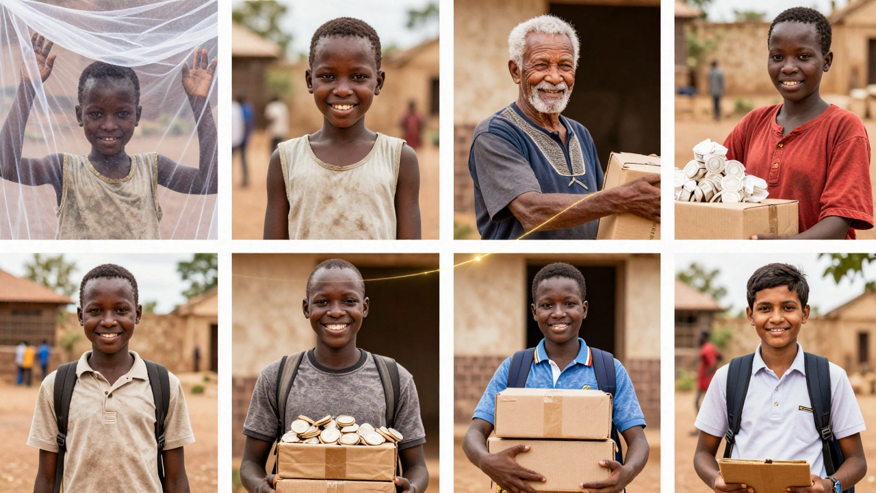 People in Uganda, Scotland, and India benefiting from daily donations: a child under a net, someone receiving food, a student with books.