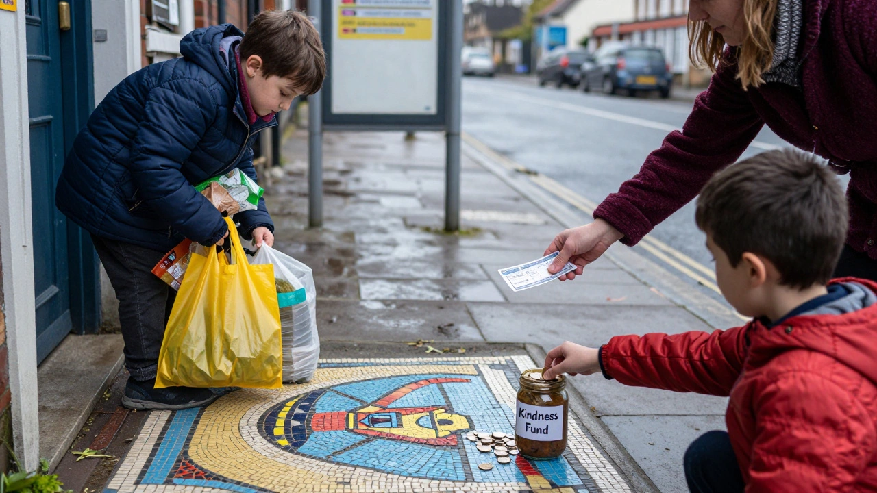 Small acts of kindness in a rainy urban neighborhood: groceries, bus ticket, coin jar.