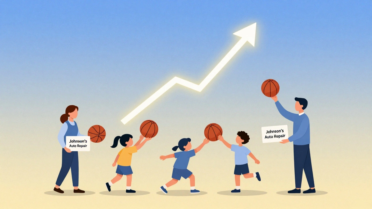 Symbolic hands passing basketballs representing community support for a fundraiser, with glowing donation total above.