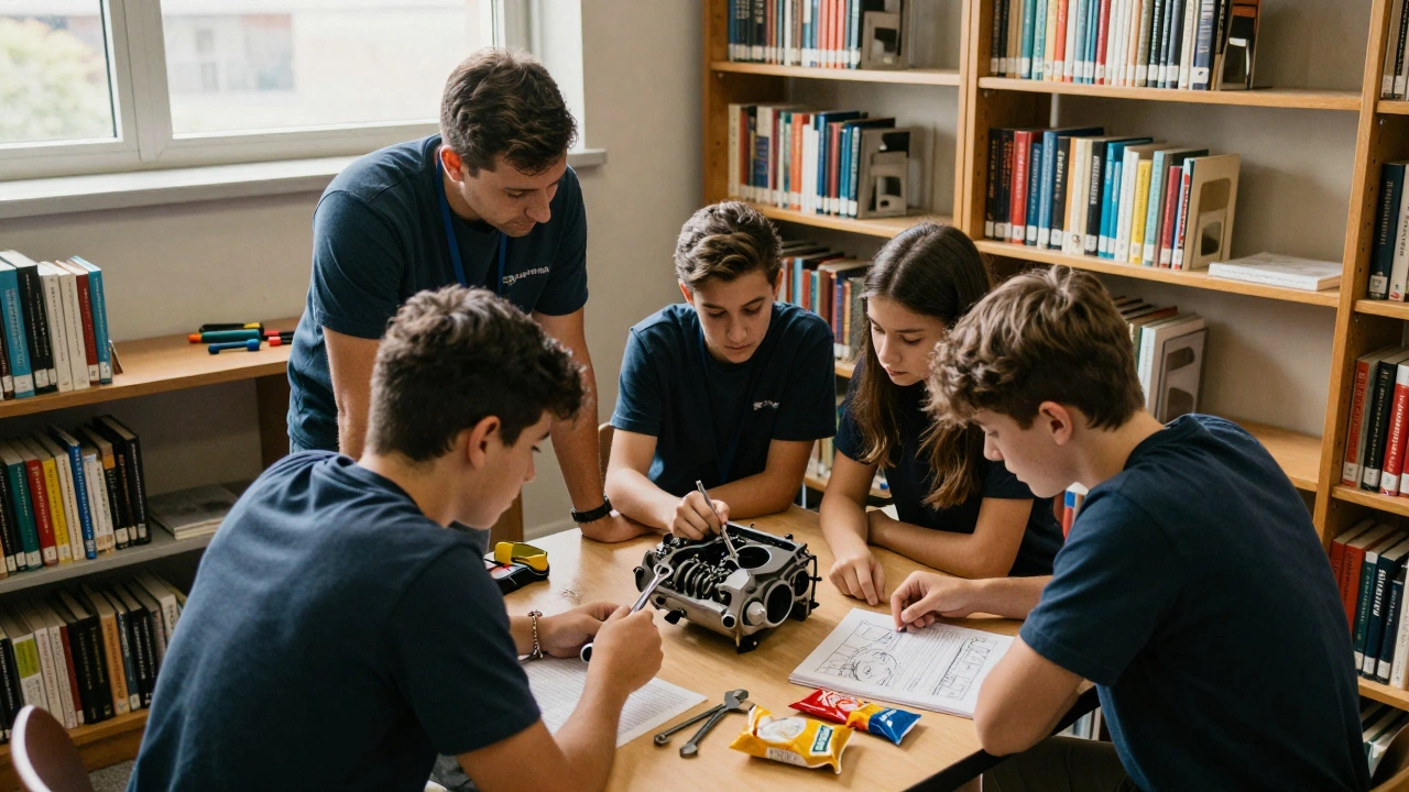 Teens learning car maintenance with volunteers in a quiet library corner.