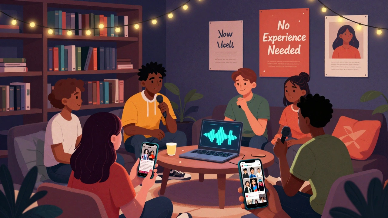 Teens recording a podcast in a library with glowing phones and cozy lighting, no adults present.